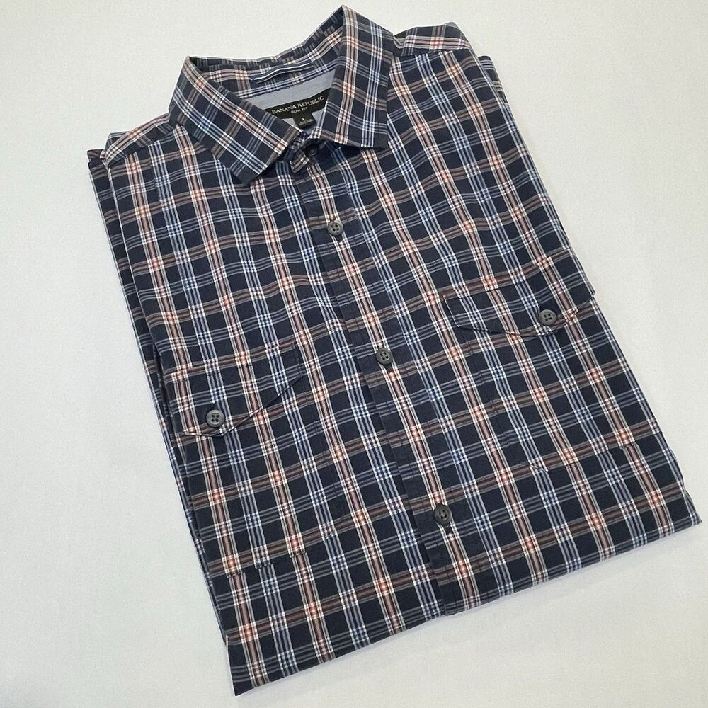 Banana Republic Men's Blue Plaid Tattersall Dress Shirt L